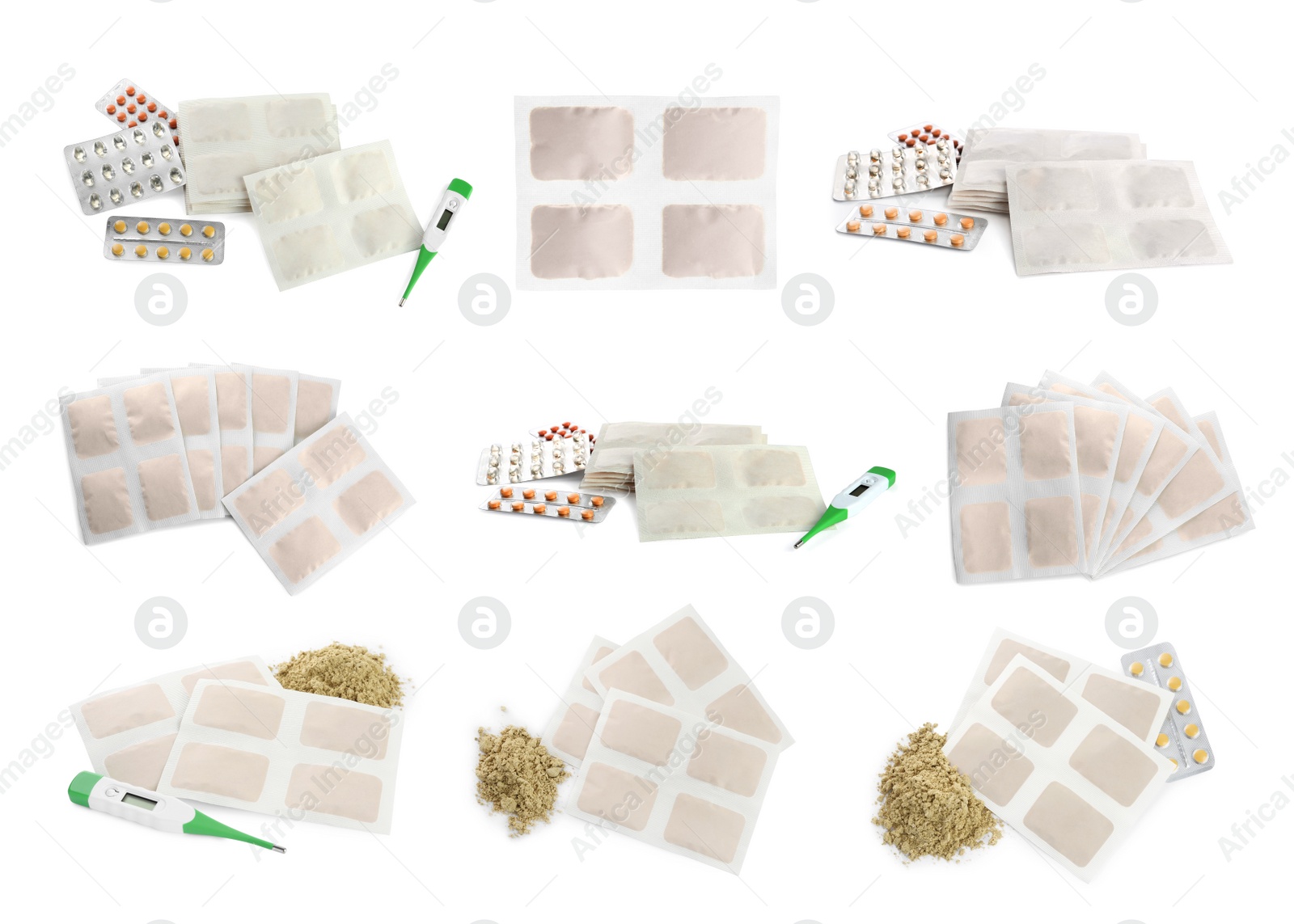 Image of Set with mustard plasters on white background