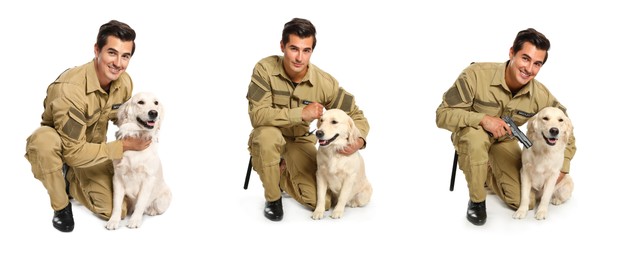 Image of Male security guard in uniform with gun and police dog on white background, collage. Banner design