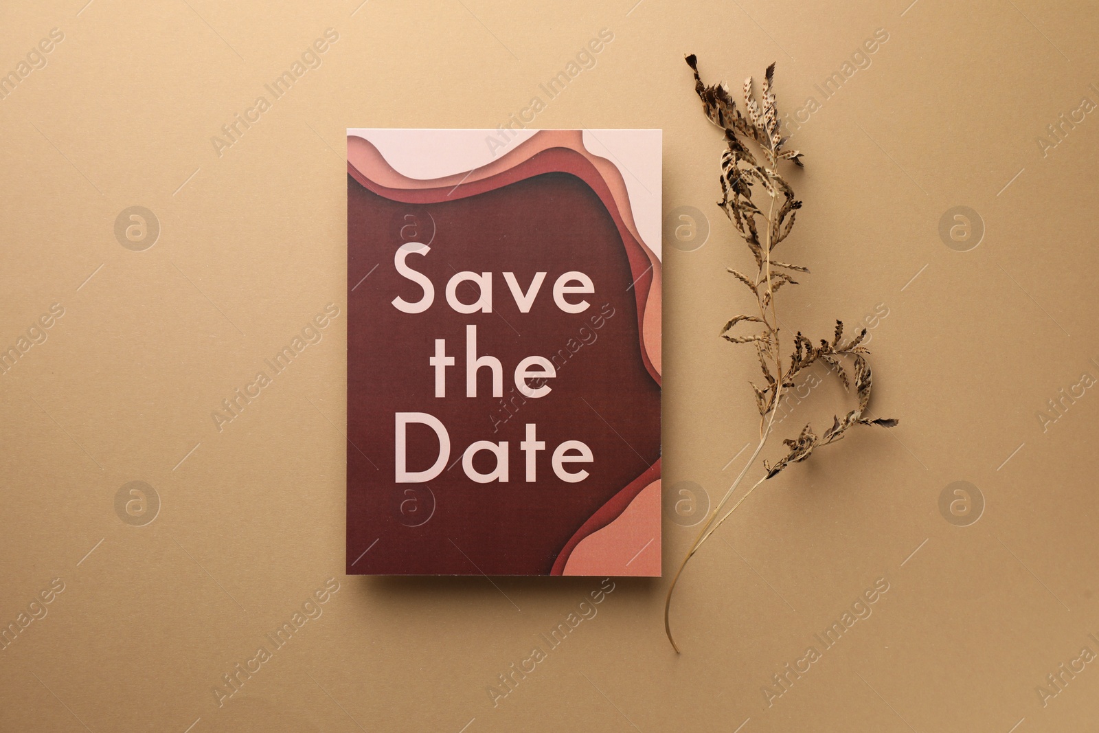 Photo of Beautiful card with Save the Date phrase and dry branch on beige background, top view