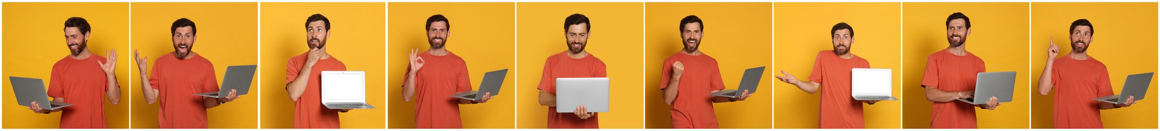Collage with photos of man holding modern laptops on yellow background. Banner design