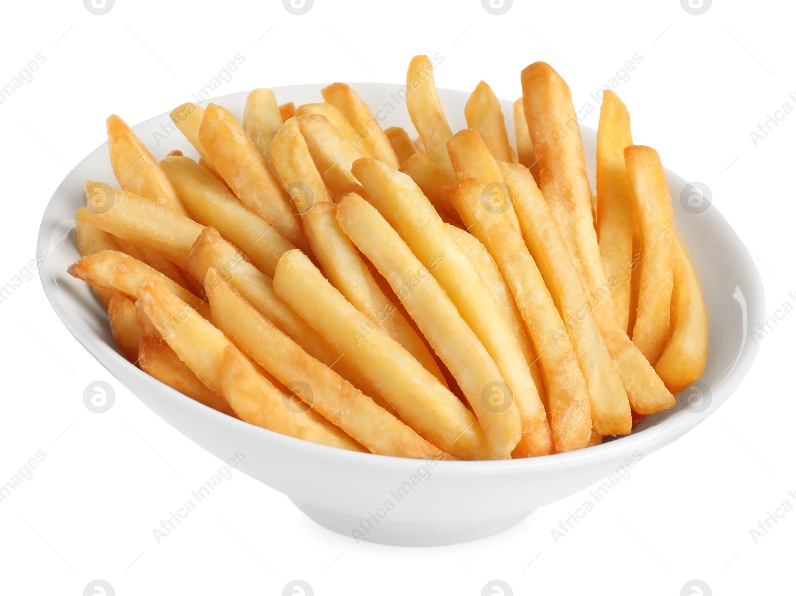 Photo of Bowl with tasty French fries on white background