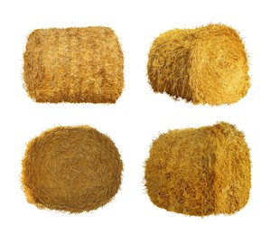 Image of Set with dried straw bales on white background