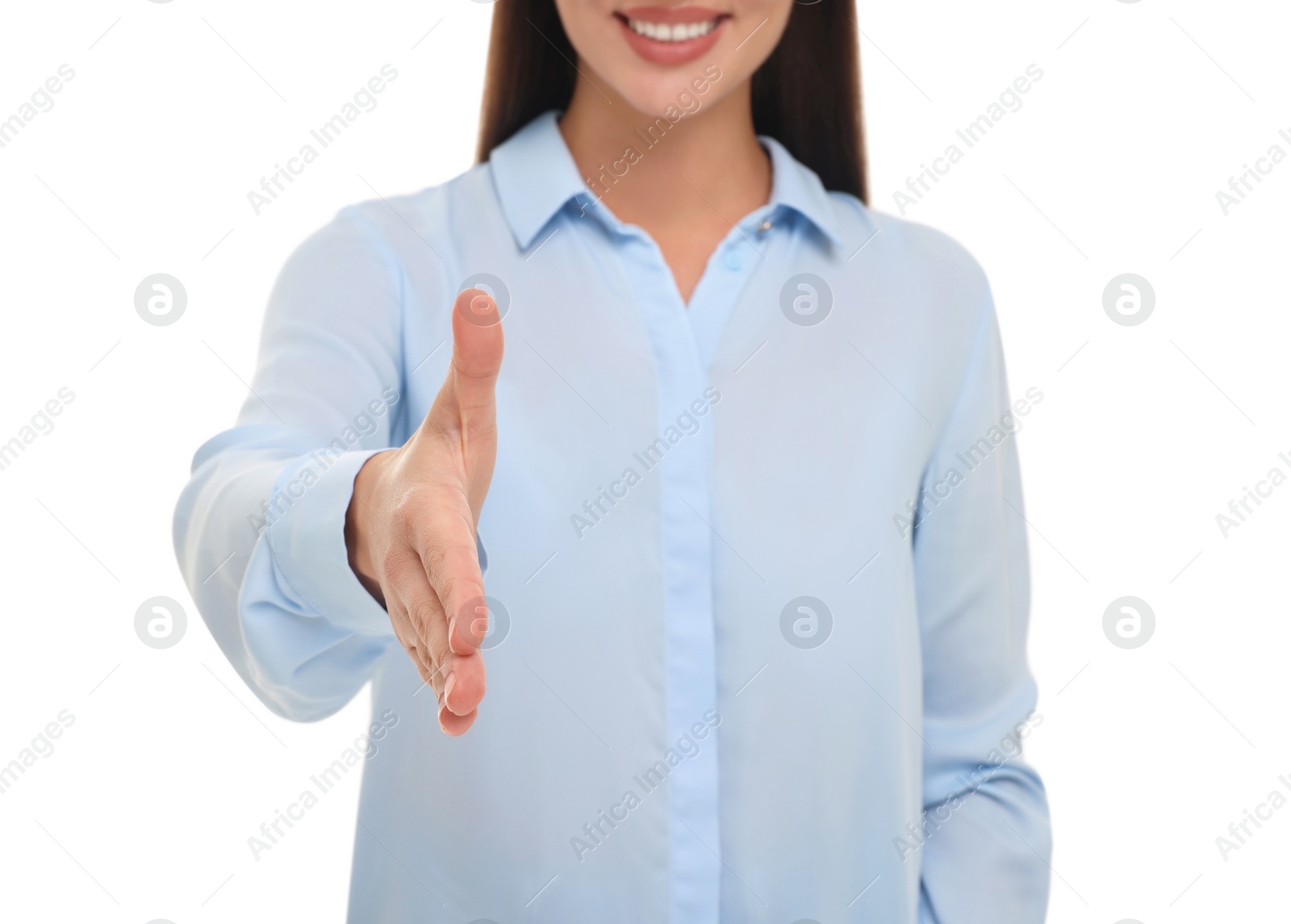 Photo of Woman welcoming and offering handshake isolated on white, closeup