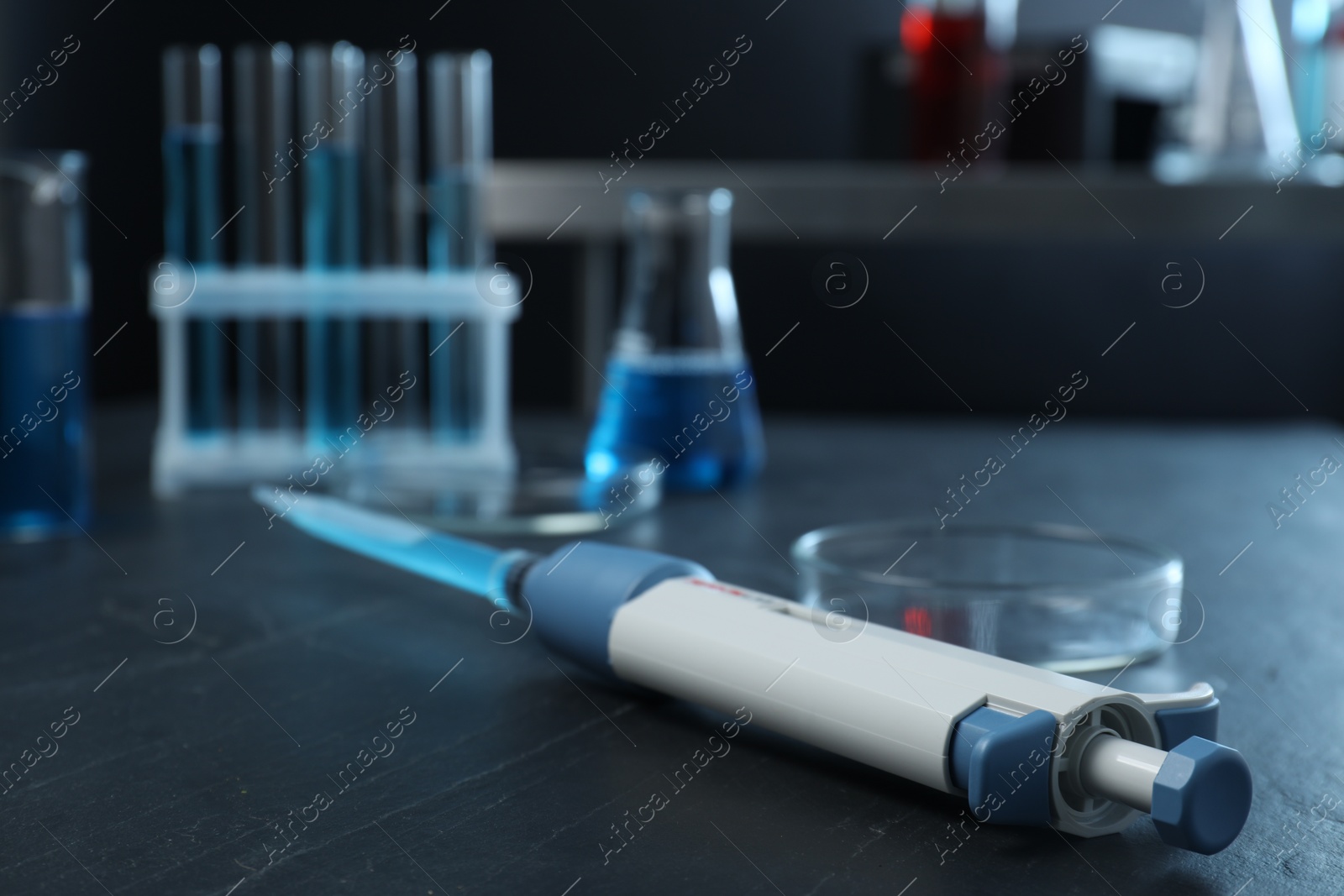 Photo of Laboratory analysis. Micropipette with liquid and petri dish on black table, closeup