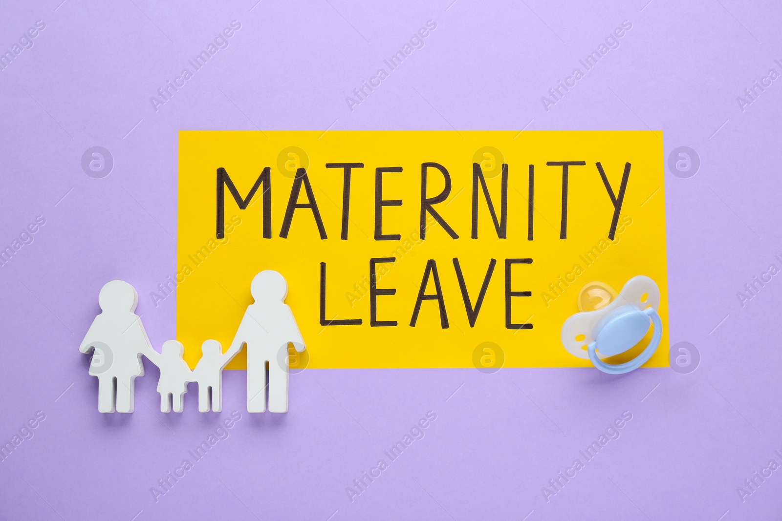 Photo of Note with words Maternity Leave, baby pacifier and figures of family on violet background, top view
