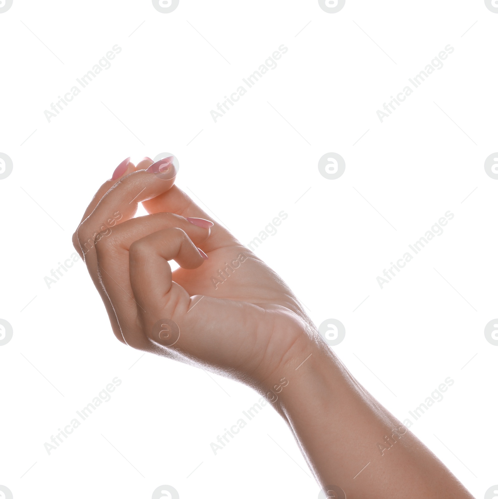 Photo of Woman holding something on white background, closeup