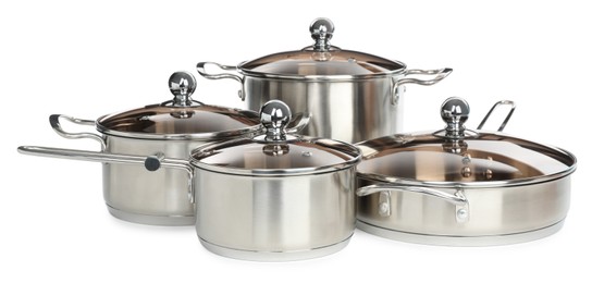Photo of Set of stainless steel cookware on white background