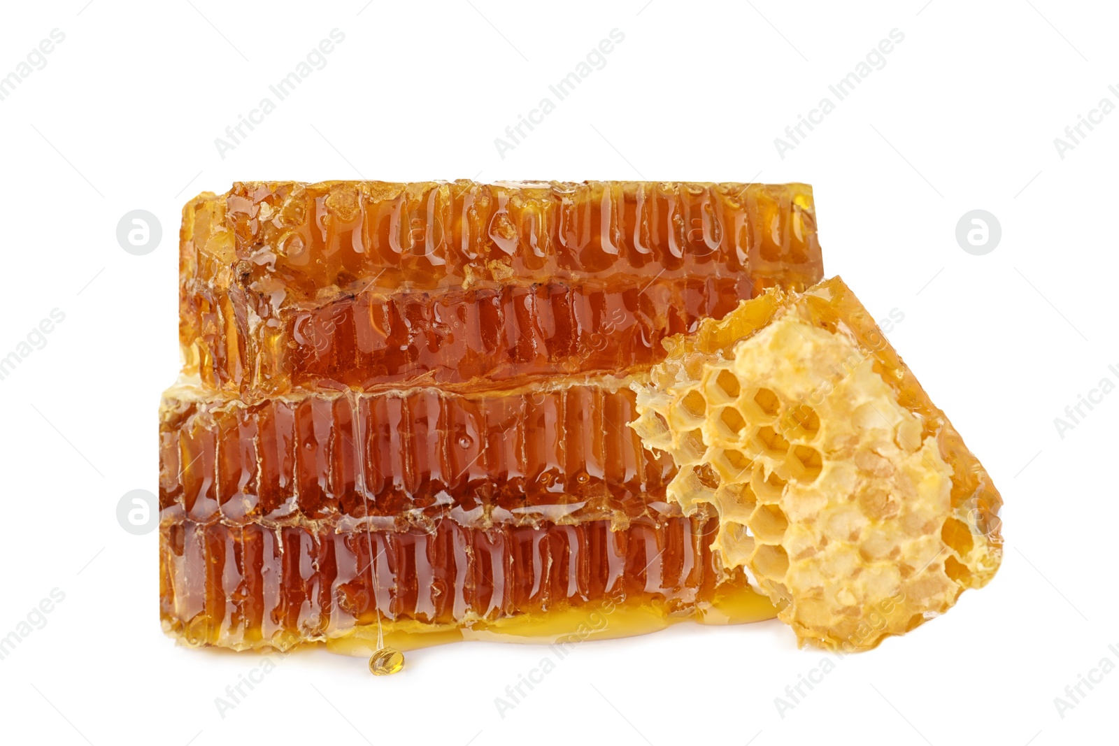 Photo of Fresh honeycombs on white background. Organic product