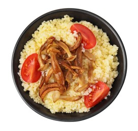 Tasty couscous with mushrooms and tomatoes on white background, top view