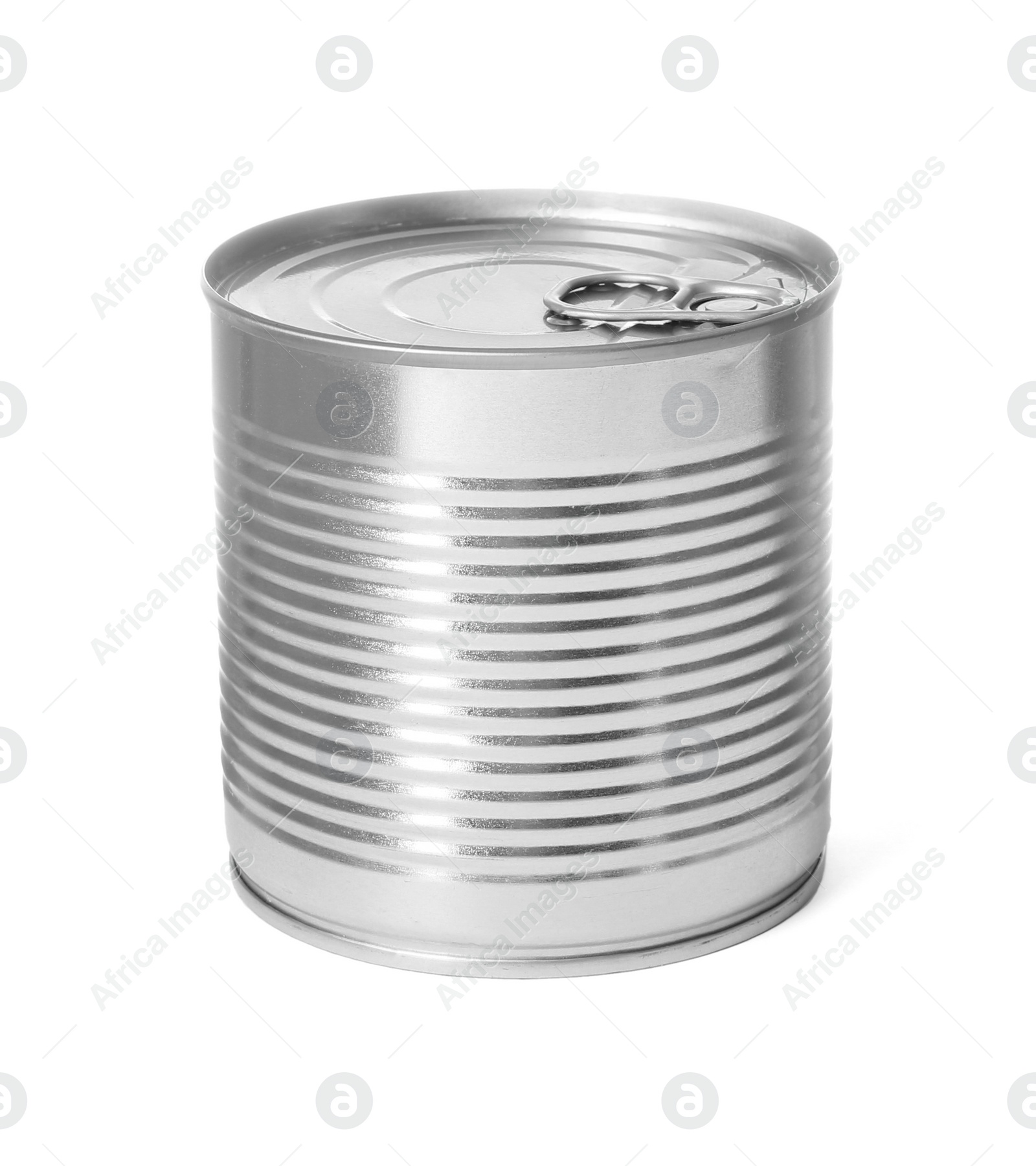 Photo of Closed tin can isolated on white, mockup for design