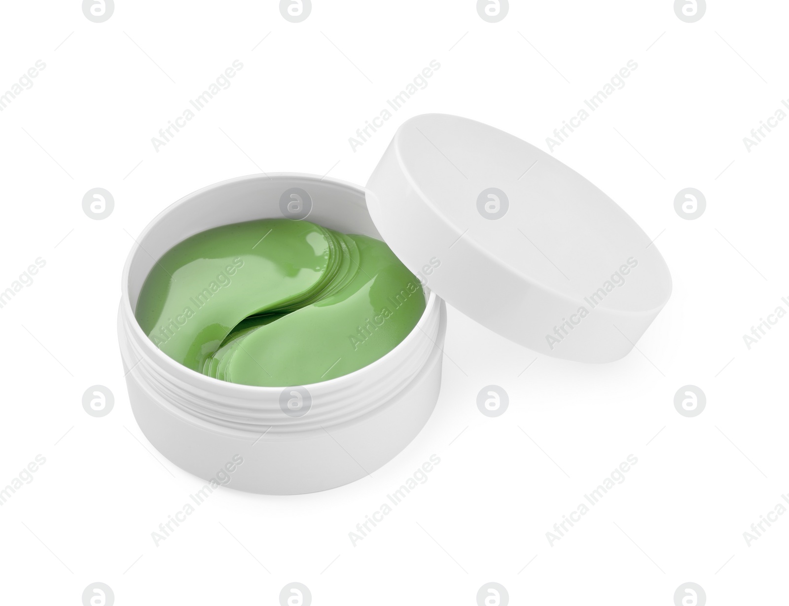 Photo of Jar of under eye patches isolated on white. Cosmetic product