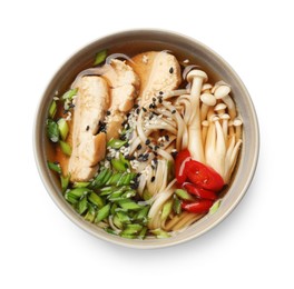 Photo of Delicious ramen with meat and mushrooms in bowl isolated on white, top view. Noodle soup