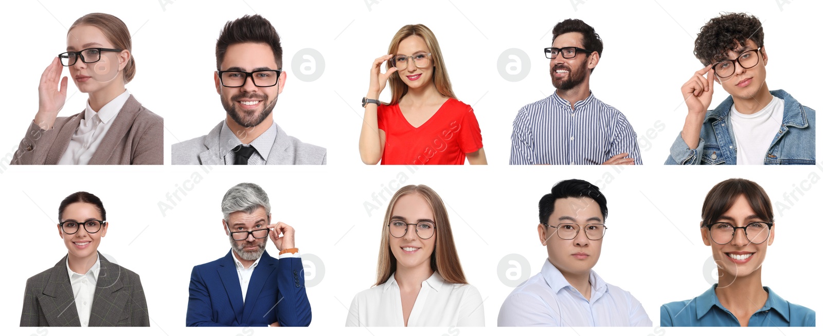 Image of Many people in glasses on white background, collection of photos