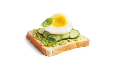 Photo of Delicious sandwich with boiled egg, pieces of cucumber and basil leaves isolated on white