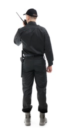 Photo of Male security guard using portable radio transmitter on white background