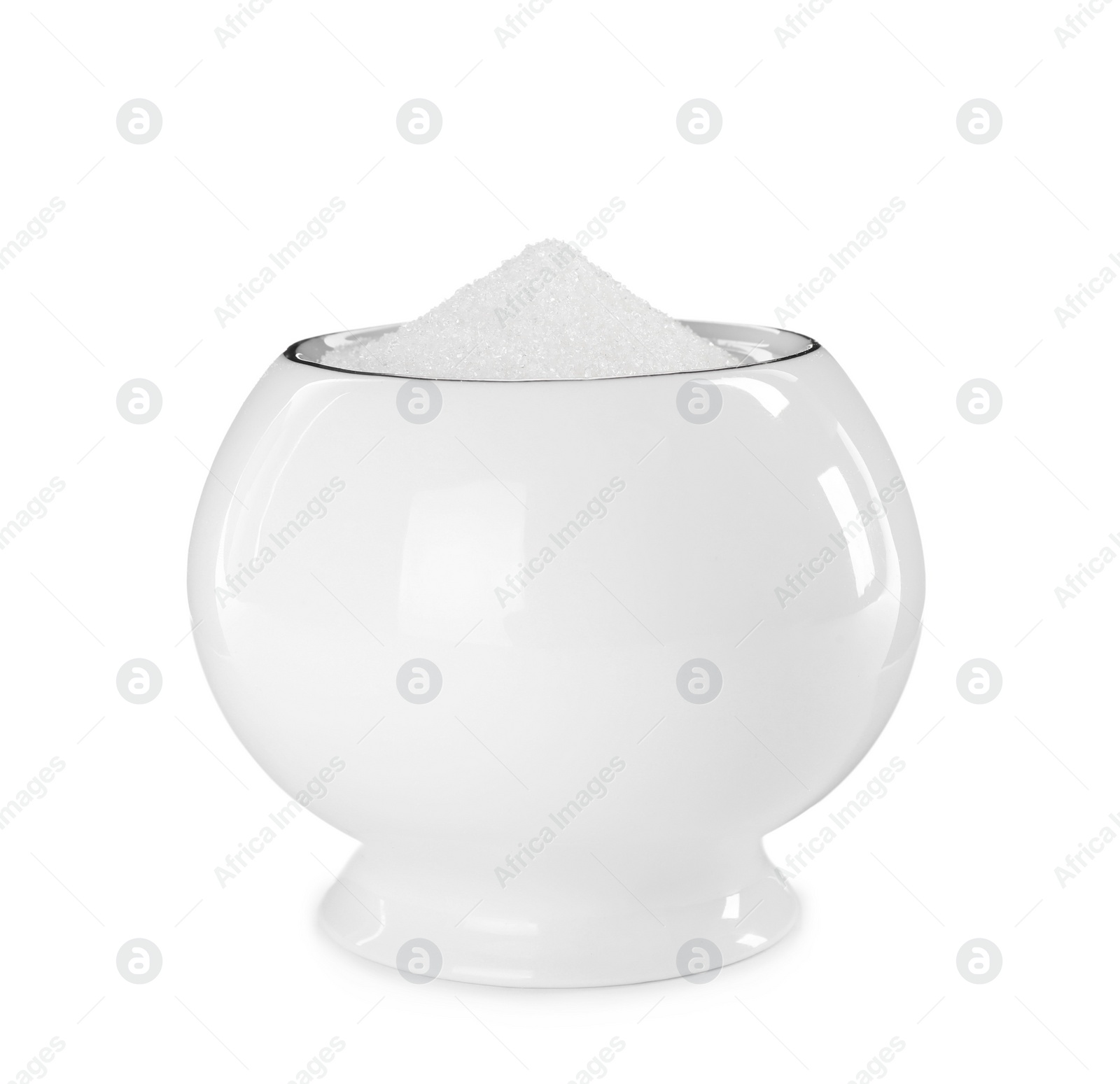 Photo of Granulated sugar in bowl on white background