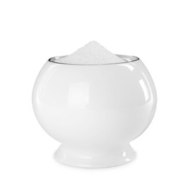 Photo of Granulated sugar in bowl on white background