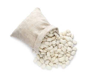 Photo of Overturned sack with navy beans on white background, top view