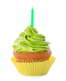 Photo of Birthday cupcake with candle on white background