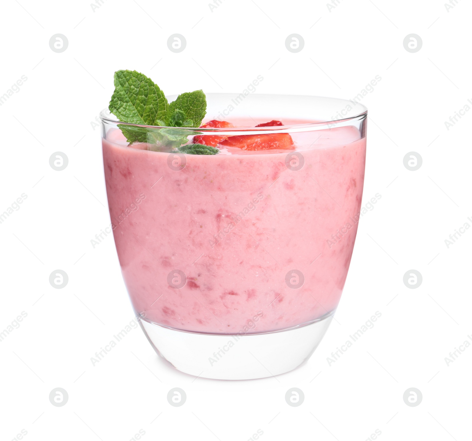 Photo of Tasty strawberry smoothie with mint in glass isolated on white