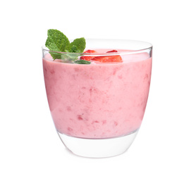 Photo of Tasty strawberry smoothie with mint in glass isolated on white