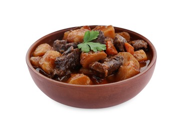 Photo of Delicious beef stew with carrots, parsley and potatoes on white background