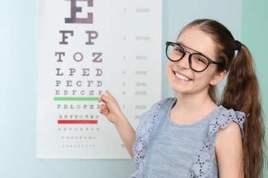 Cute little girl with eyeglasses in ophthalmologist office