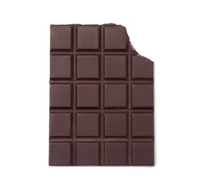 Photo of Delicious dark chocolate bar on white background, top view