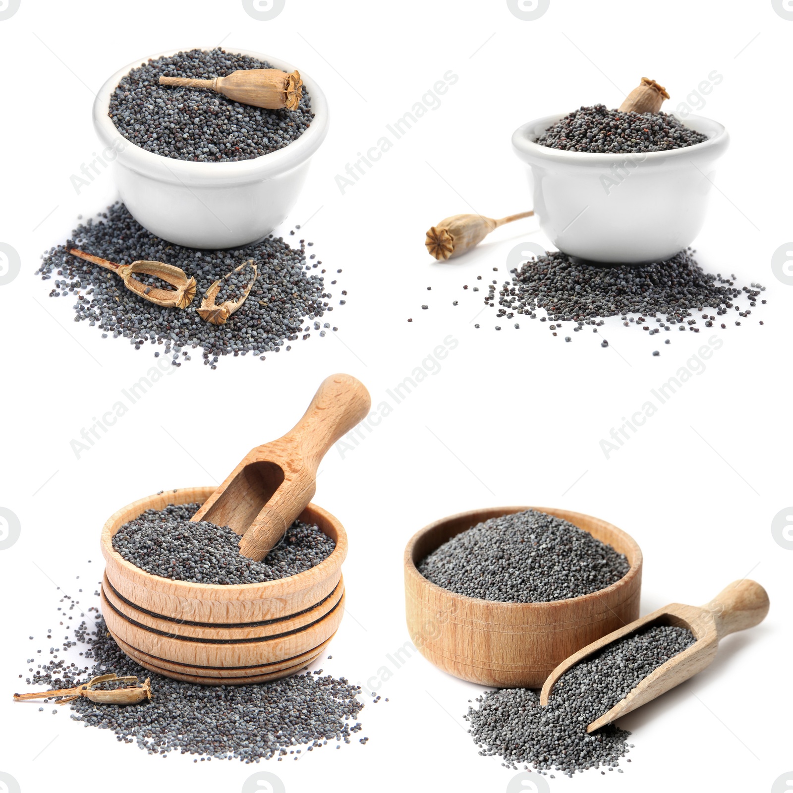 Image of Collage with poppy seeds on white background