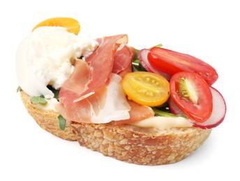 Photo of Delicious sandwich with burrata cheese, ham, radish and tomatoes isolated on white