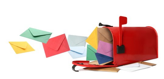 Image of Different color envelopes flying out from red letter box on white background. Banner design