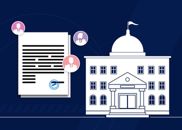 Illustration of Municipal building, contract and icons on blue background, illustration