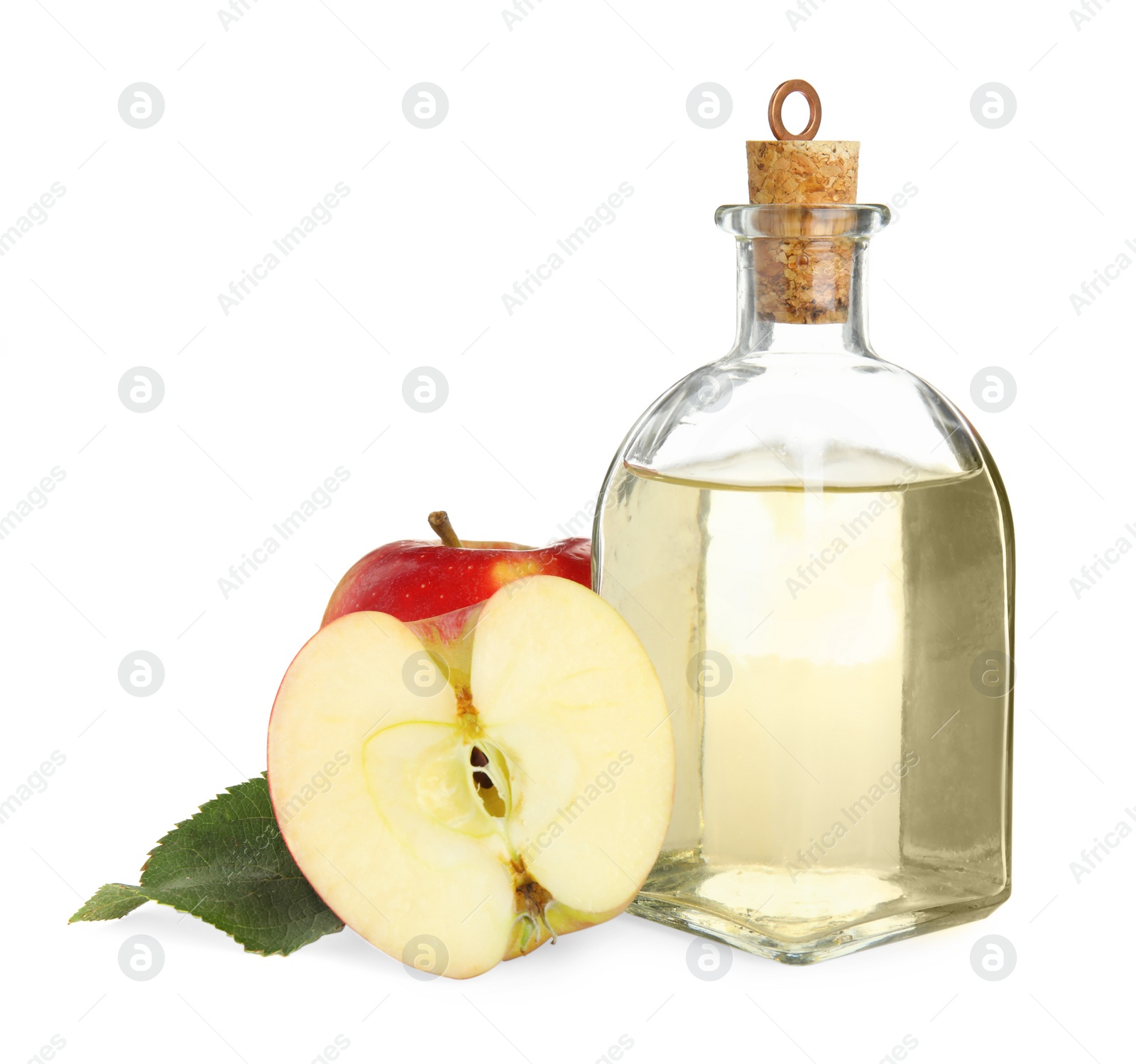 Photo of Natural apple vinegar and fresh fruits on white background