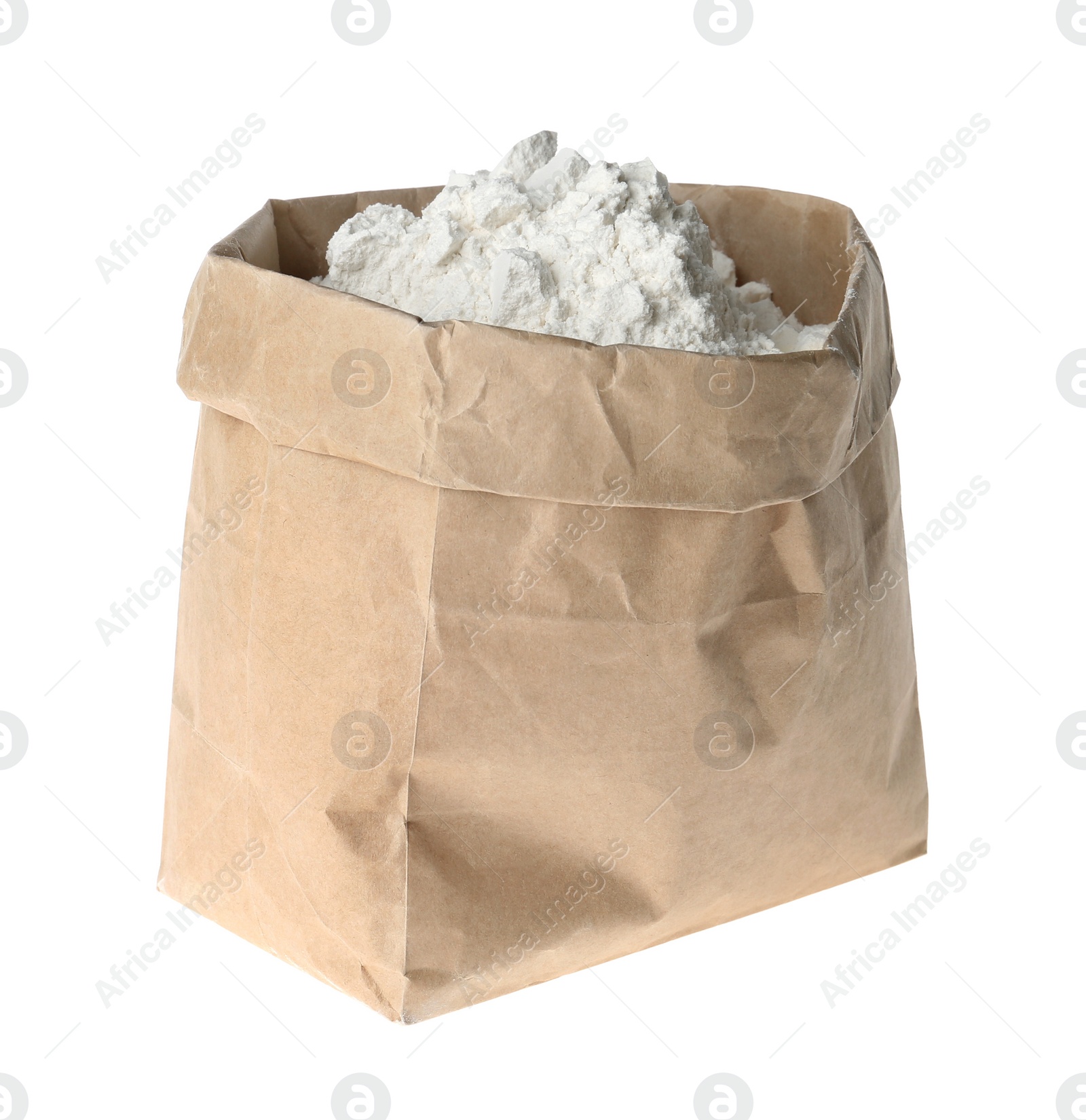 Photo of Organic flour in paper bag isolated on white