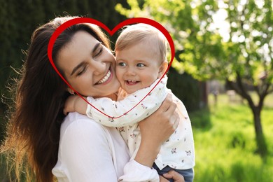 Illustration of red heart and happy mother with her cute baby in park on sunny day