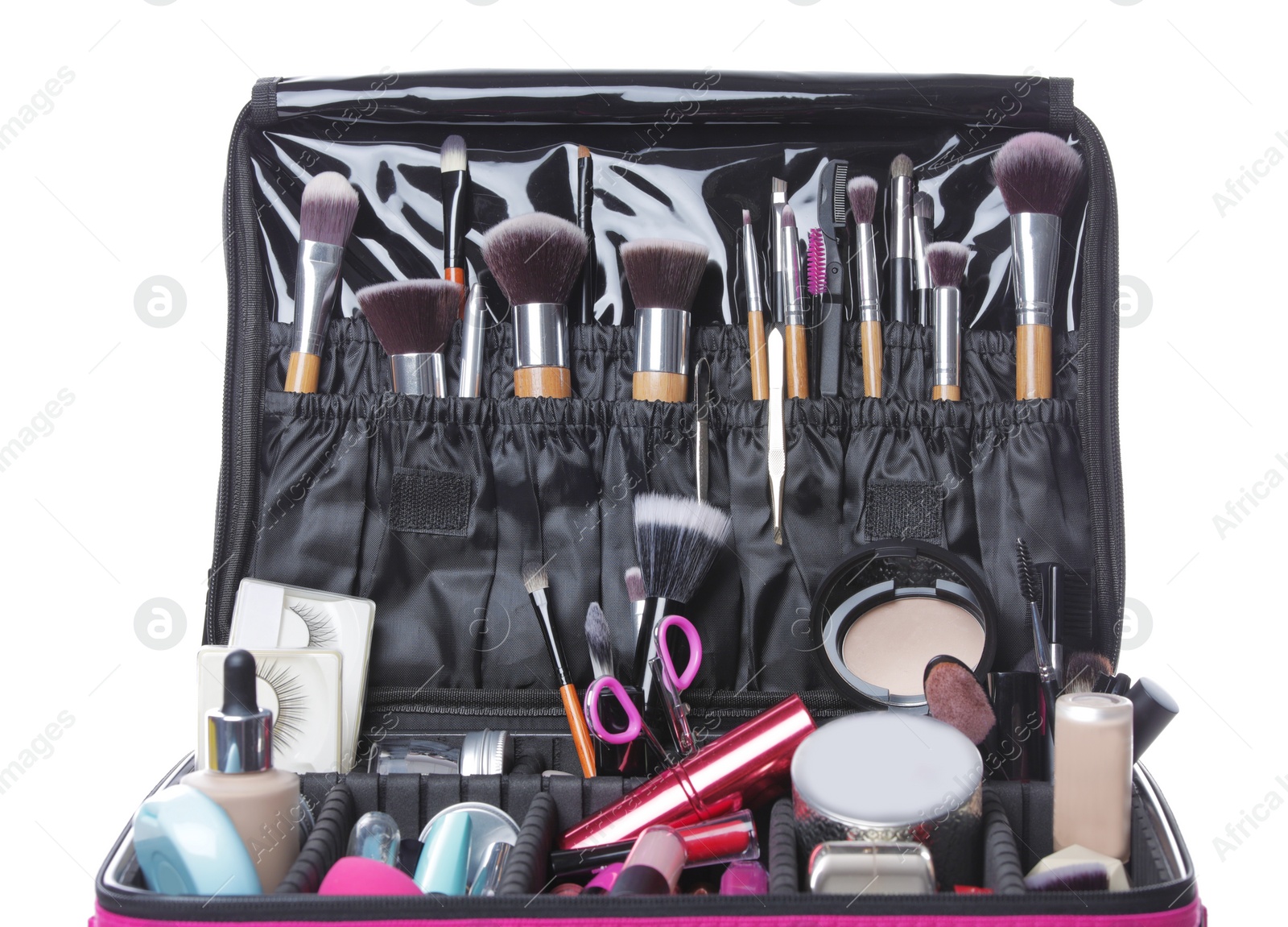Photo of Stylish case with makeup products and beauty accessories on white background