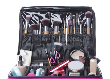 Stylish case with makeup products and beauty accessories on white background