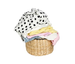 Photo of Wicker laundry basket with clean colorful clothes isolated on white