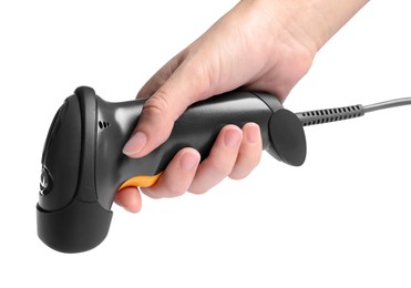 Woman holding barcode scanner on white background, closeup