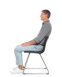 Photo of Man with good posture sitting on chair against white background