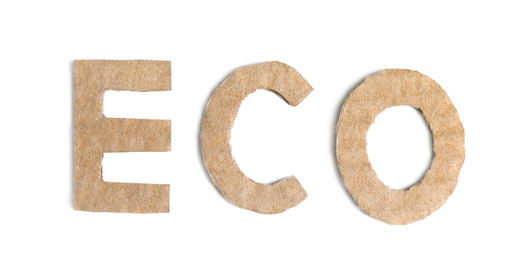 Photo of Word ECO made of cardboard isolated on white, top view