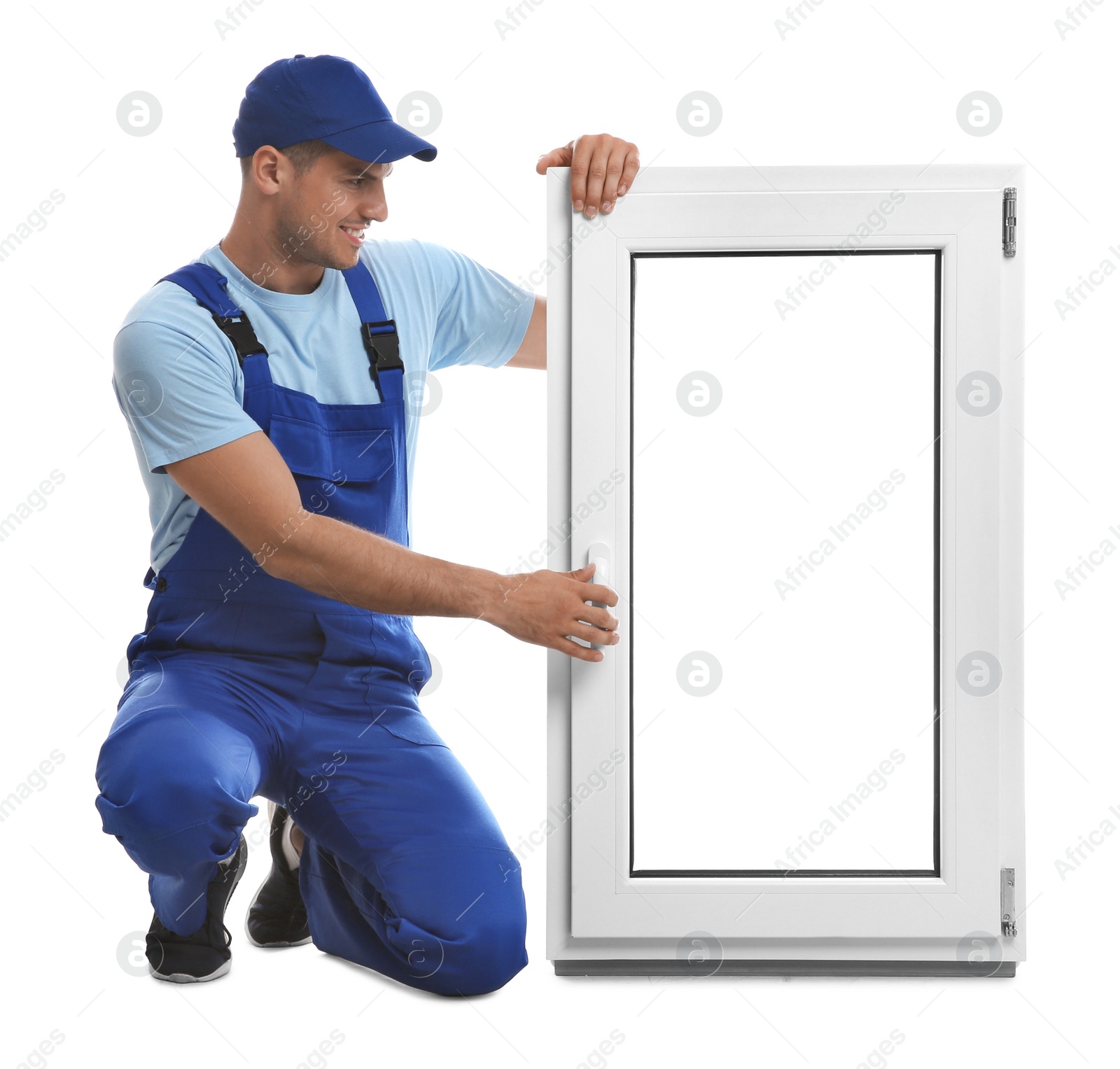 Photo of Worker with plastic window on white background. Installation service