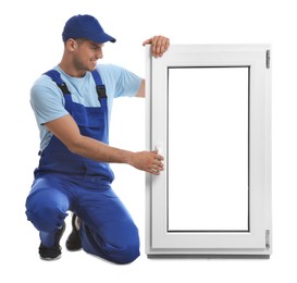 Worker with plastic window on white background. Installation service