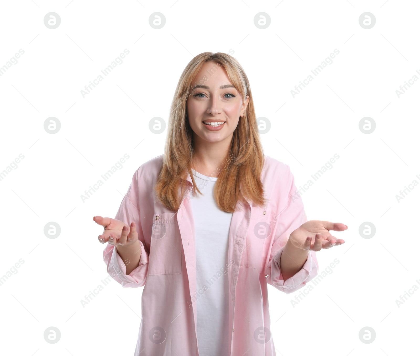 Photo of Young woman in casual clothes talking on white background