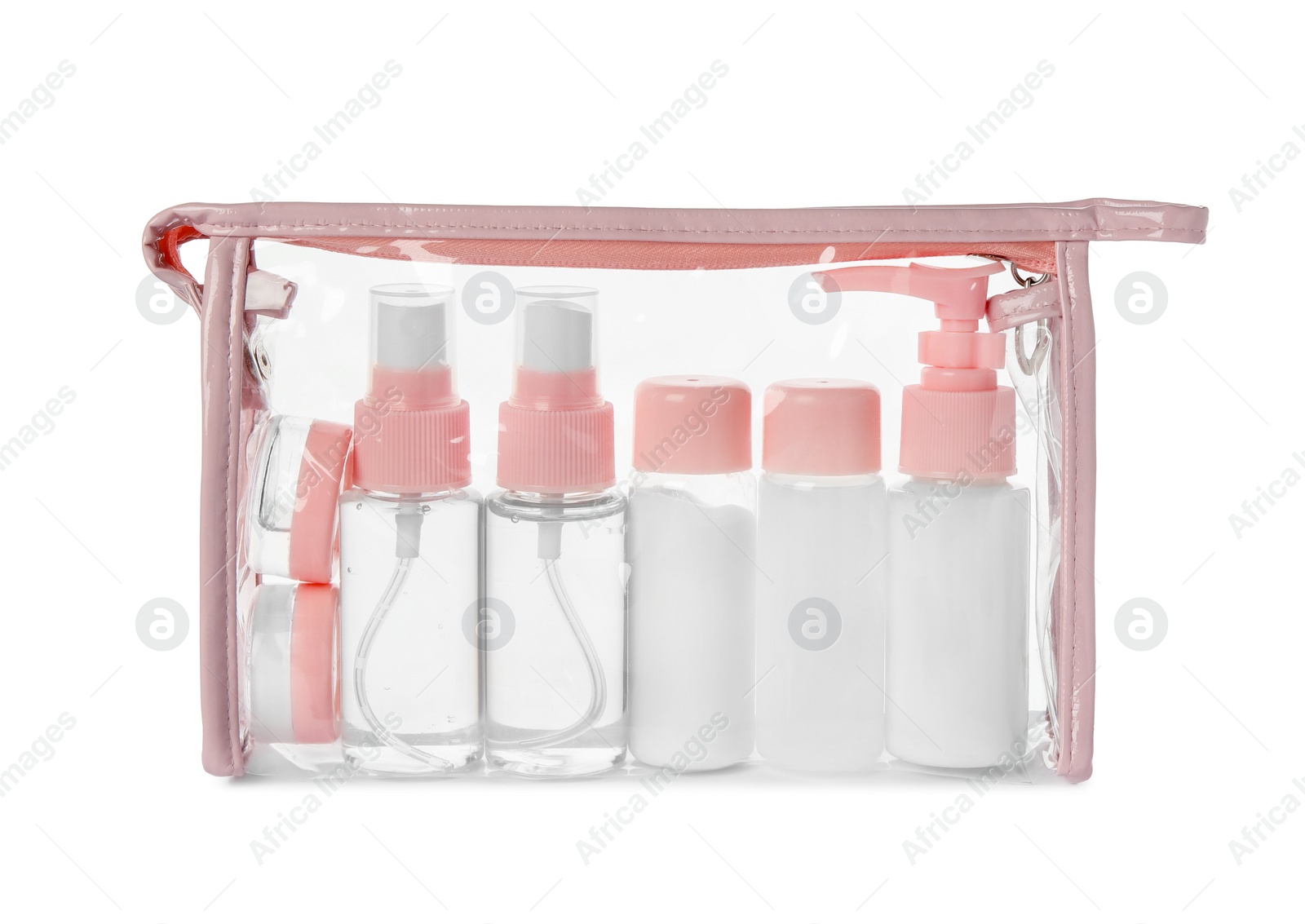 Photo of Cosmetic travel kit in plastic bag isolated on white