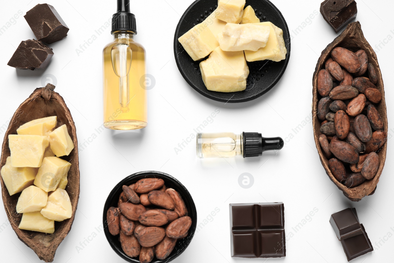 Photo of Composition with organic cocoa butter on white background, top view