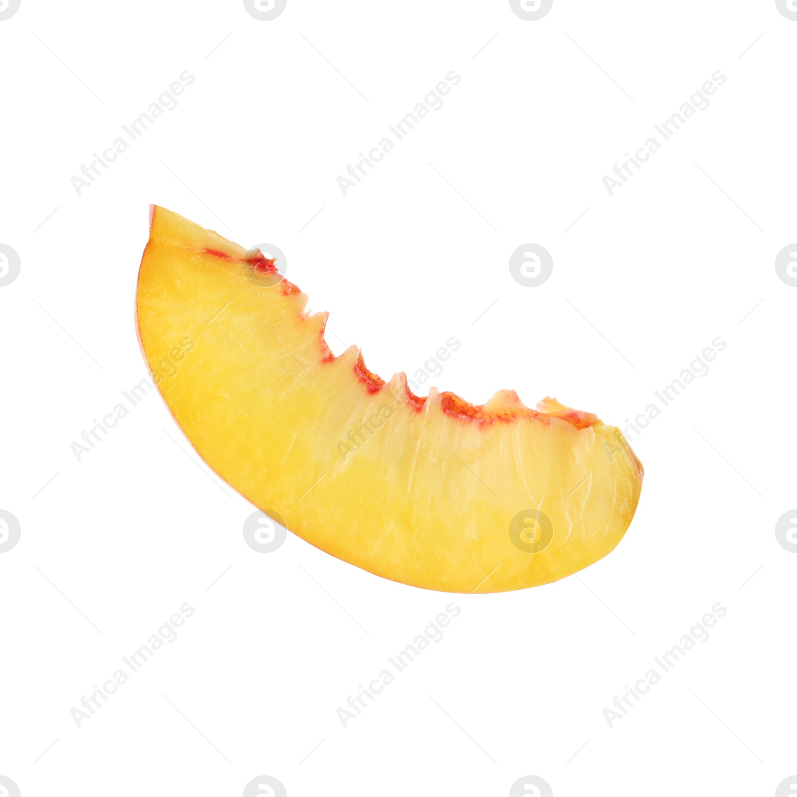 Photo of Slice of juicy peach on white background