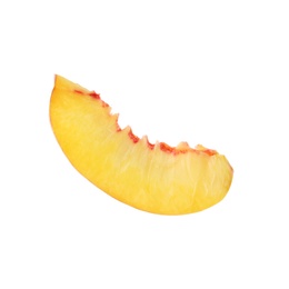 Photo of Slice of juicy peach on white background