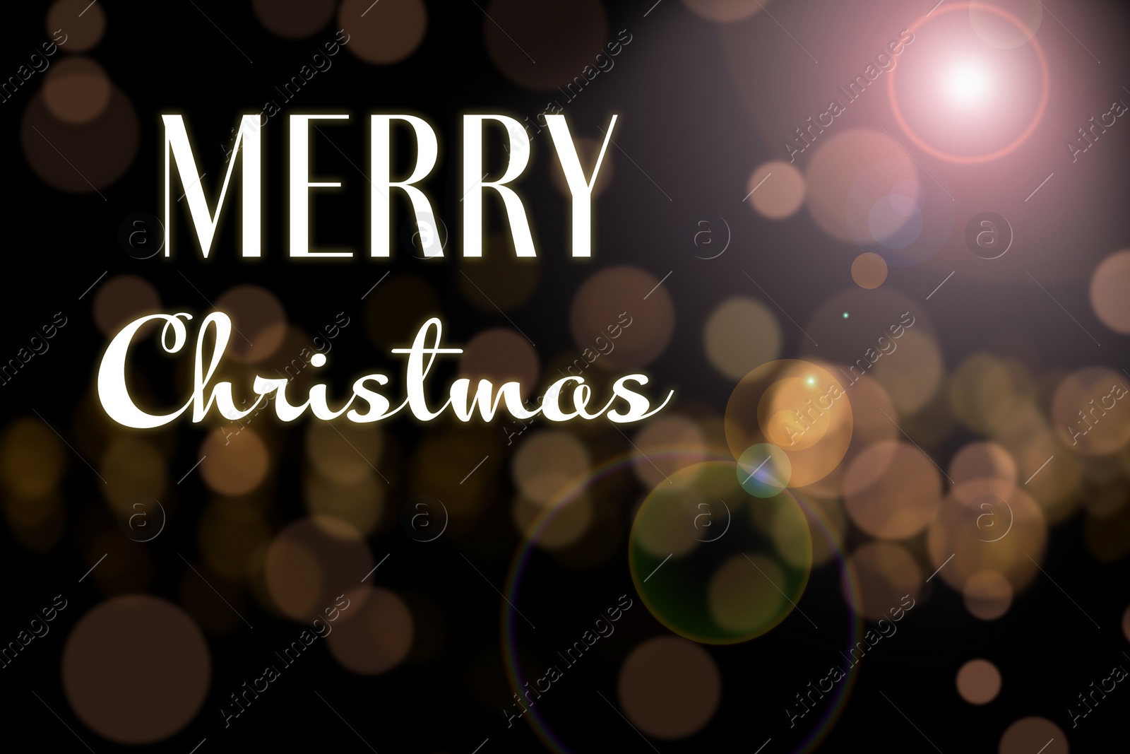 Image of Blurred view of beautiful lights and phrase Merry Christmas. Holiday greeting card design 