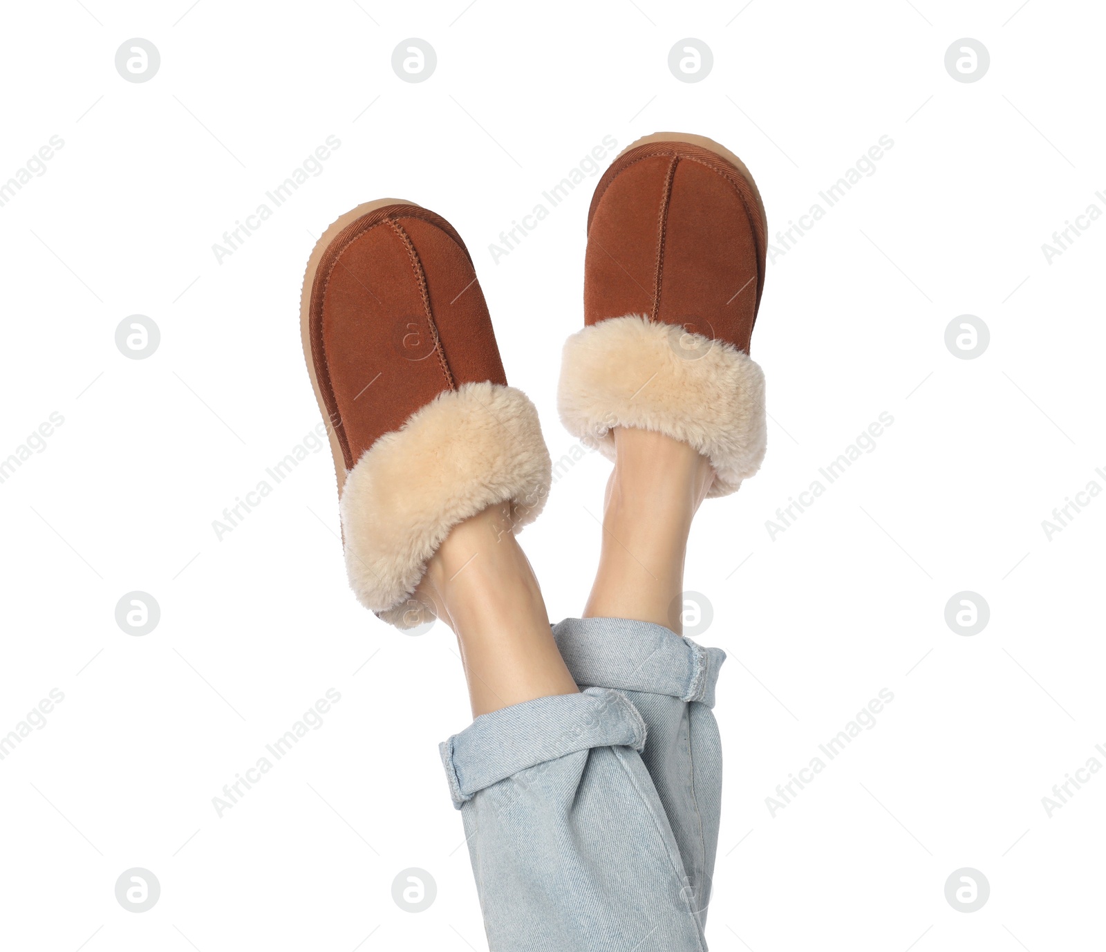 Photo of Woman in soft slippers on white background, closeup